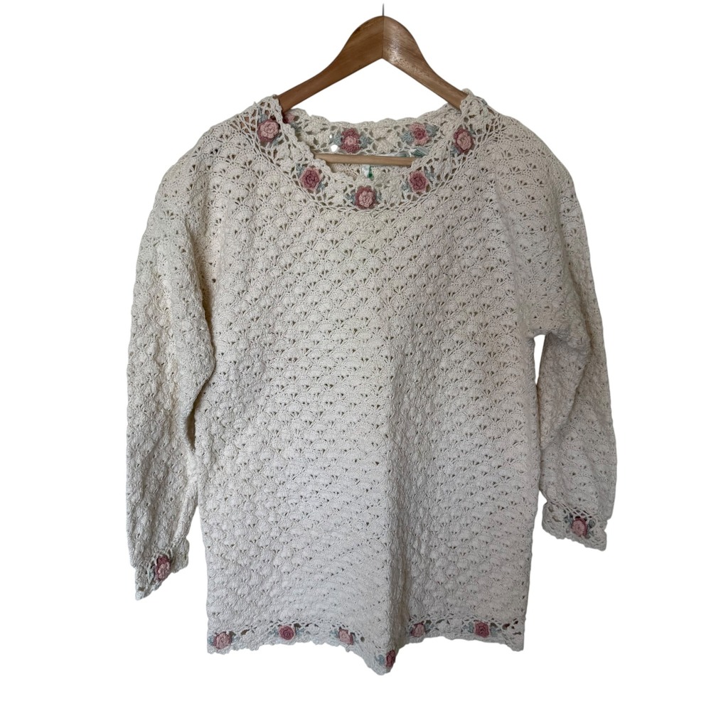 Knitted By Hand Sweater Womens S Cream‎ Excellent Crochet Floral Ramie Cotton